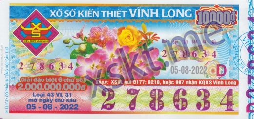 Mẫu vé sô xổ số Vĩnh Long ngày 5/8/2022