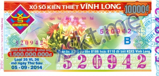 Mẫu vé sô xổ số Vĩnh Long ngày 5/9/2014