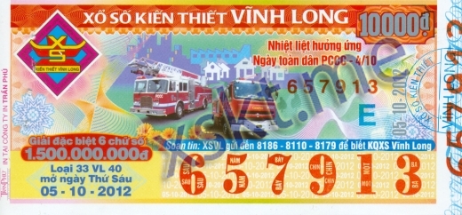Mẫu vé sô xổ số Vĩnh Long ngày 5/10/2012