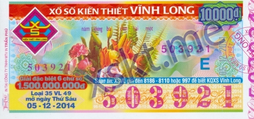 Mẫu vé sô xổ số Vĩnh Long ngày 5/12/2014