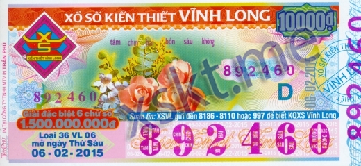 Mẫu vé sô xổ số Vĩnh Long ngày 6/2/2015