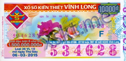 Mẫu vé sô xổ số Vĩnh Long ngày 6/3/2015