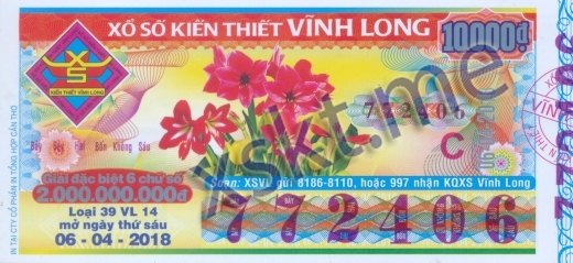 Mẫu vé sô xổ số Vĩnh Long ngày 6/4/2018