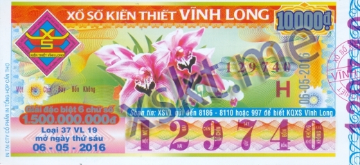 Mẫu vé sô xổ số Vĩnh Long ngày 6/5/2016