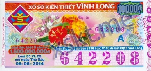 Mẫu vé sô xổ số Vĩnh Long ngày 6/6/2014