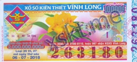 Mẫu vé sô xổ số Vĩnh Long ngày 6/7/2018