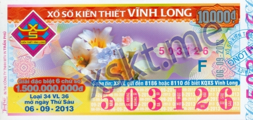 Mẫu vé sô xổ số Vĩnh Long ngày 6/9/2013