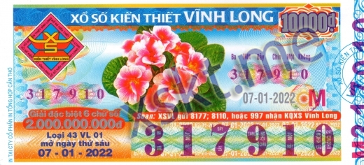 Mẫu vé sô xổ số Vĩnh Long ngày 7/1/2022