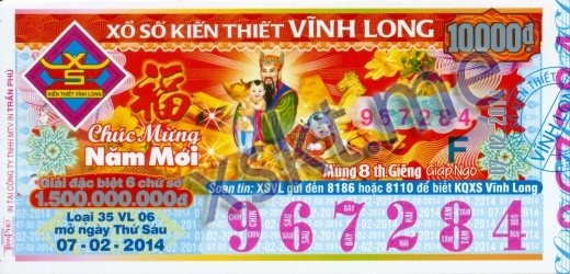 Mẫu vé sô xổ số Vĩnh Long ngày 7/2/2014
