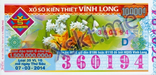 Mẫu vé sô xổ số Vĩnh Long ngày 7/3/2014