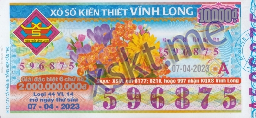 Mẫu vé sô xổ số Vĩnh Long ngày 7/4/2023