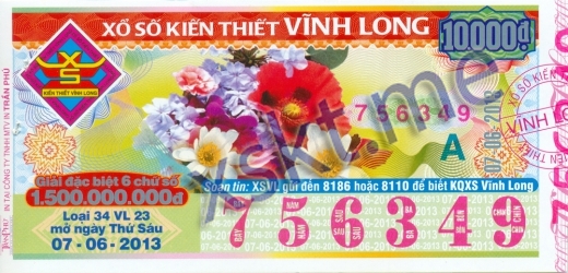 Mẫu vé sô xổ số Vĩnh Long ngày 7/6/2013
