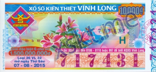 Mẫu vé sô xổ số Vĩnh Long ngày 7/8/2015