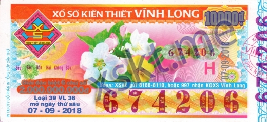 Mẫu vé sô xổ số Vĩnh Long ngày 7/9/2018