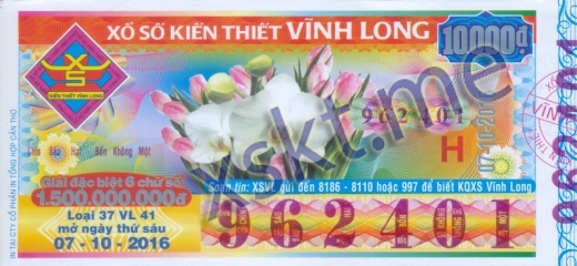 Mẫu vé sô xổ số Vĩnh Long ngày 7/10/2016