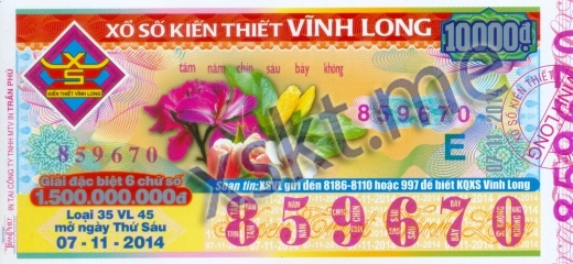 Mẫu vé sô xổ số Vĩnh Long ngày 7/11/2014