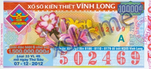 Mẫu vé sô xổ số Vĩnh Long ngày 7/12/2012
