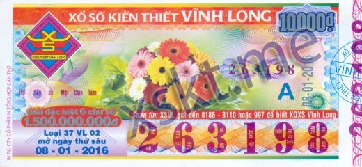 Mẫu vé sô xổ số Vĩnh Long ngày 8/1/2016