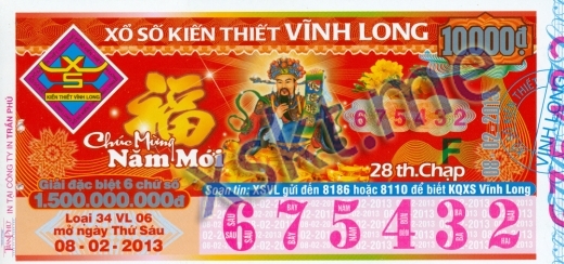 Mẫu vé sô xổ số Vĩnh Long ngày 8/2/2013