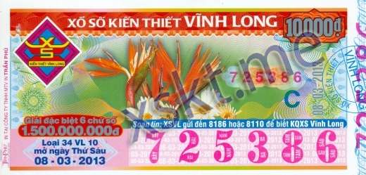 Mẫu vé sô xổ số Vĩnh Long ngày 8/3/2013