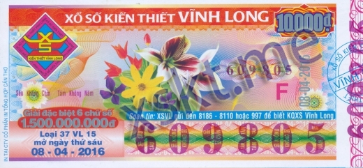 Mẫu vé sô xổ số Vĩnh Long ngày 8/4/2016