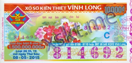 Mẫu vé sô xổ số Vĩnh Long ngày 8/5/2015