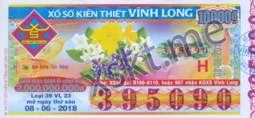 Mẫu vé sô xổ số Vĩnh Long ngày 8/6/2018