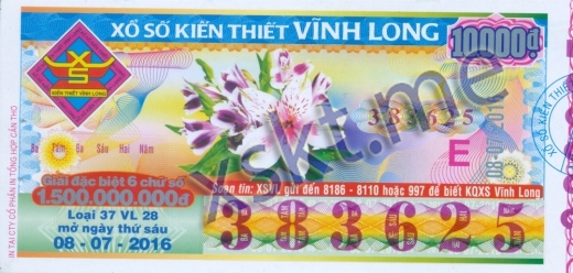 Mẫu vé sô xổ số Vĩnh Long ngày 8/7/2016