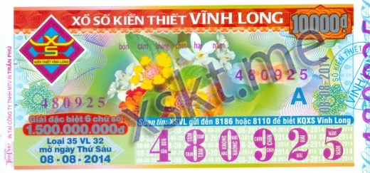 Mẫu vé sô xổ số Vĩnh Long ngày 8/8/2014