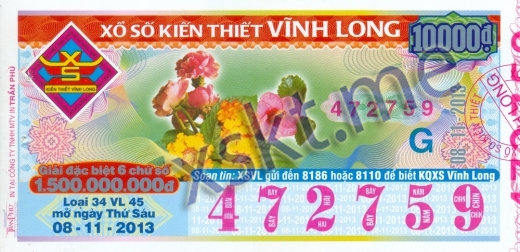 Mẫu vé sô xổ số Vĩnh Long ngày 8/11/2013