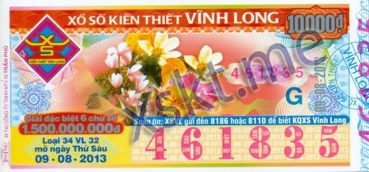 Mẫu vé sô xổ số Vĩnh Long ngày 9/8/2013
