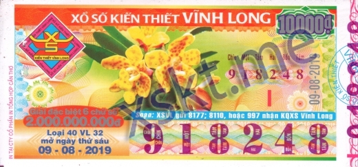 Mẫu vé sô xổ số Vĩnh Long ngày 9/8/2019