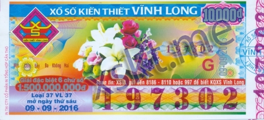 Mẫu vé sô xổ số Vĩnh Long ngày 9/9/2016