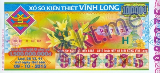 Mẫu vé sô xổ số Vĩnh Long ngày 9/10/2015