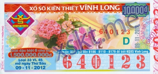 Mẫu vé sô xổ số Vĩnh Long ngày 9/11/2012