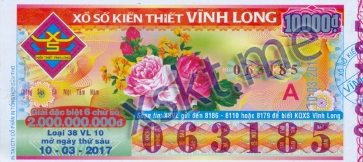 Mẫu vé sô xổ số Vĩnh Long ngày 10/3/2017