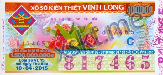 Mẫu vé sô xổ số Vĩnh Long ngày 10/4/2015