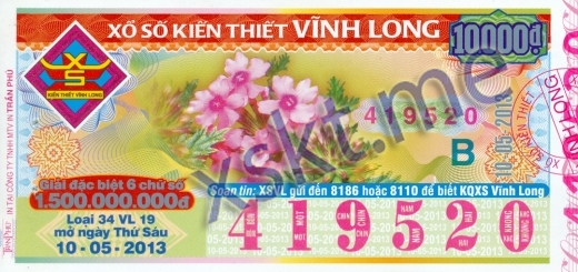 Mẫu vé sô xổ số Vĩnh Long ngày 10/5/2013