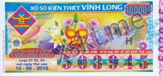 Mẫu vé sô xổ số Vĩnh Long ngày 10/6/2016