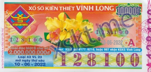 Mẫu vé sô xổ số Vĩnh Long ngày 10/6/2022
