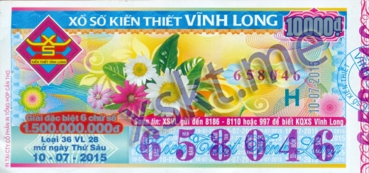 Mẫu vé sô xổ số Vĩnh Long ngày 10/7/2015