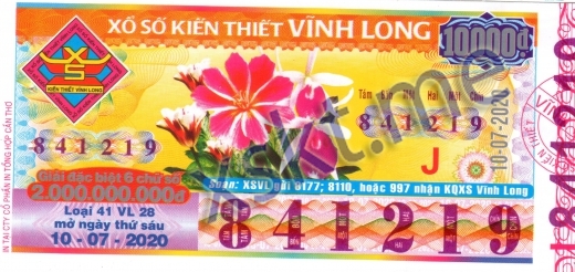 Mẫu vé sô xổ số Vĩnh Long ngày 10/7/2020