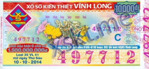 Mẫu vé sô xổ số Vĩnh Long ngày 10/10/2014