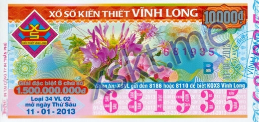 Mẫu vé sô xổ số Vĩnh Long ngày 11/1/2013