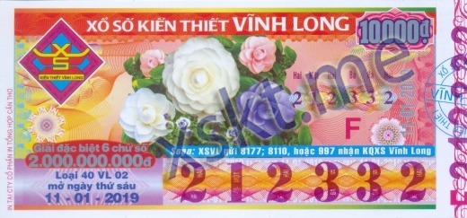 Mẫu vé sô xổ số Vĩnh Long ngày 11/1/2019