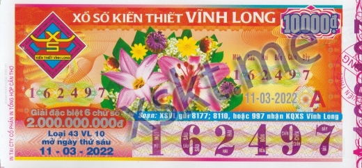 Mẫu vé sô xổ số Vĩnh Long ngày 11/3/2022