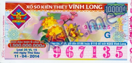 Mẫu vé sô xổ số Vĩnh Long ngày 11/4/2014