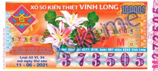 Mẫu vé sô xổ số Vĩnh Long ngày 11/6/2021