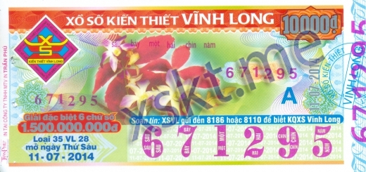 Mẫu vé sô xổ số Vĩnh Long ngày 11/7/2014