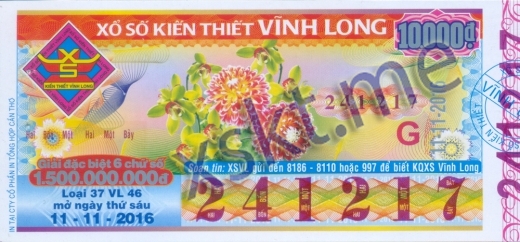 Mẫu vé sô xổ số Vĩnh Long ngày 11/11/2016